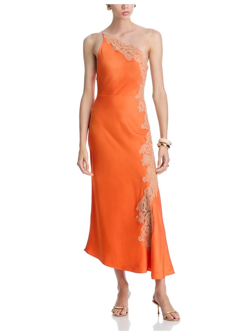 A.L.C. One-Shoulder Orange Midi Dress with Cream Lace